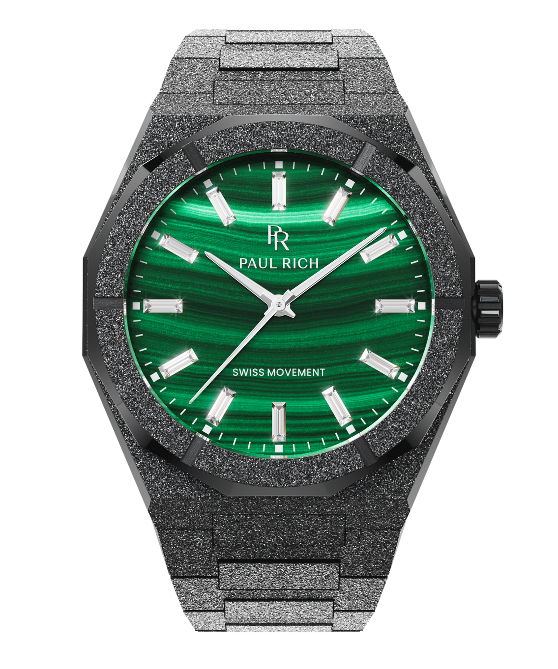 Black Malachite Aurora watch with a green malachite dial and frosted case, front view Black Malachite Aurora watch with a green malachite dial and frosted case, front view