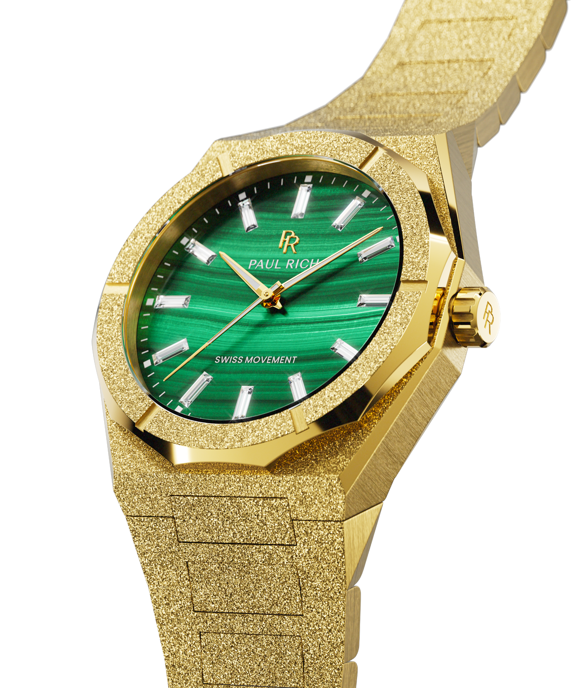 Angled view of a gold-tone Malachite Aurora watch with a green malachite dial and frosted case Angled view of a gold-tone Malachite Aurora watch with a green malachite dial and frosted case