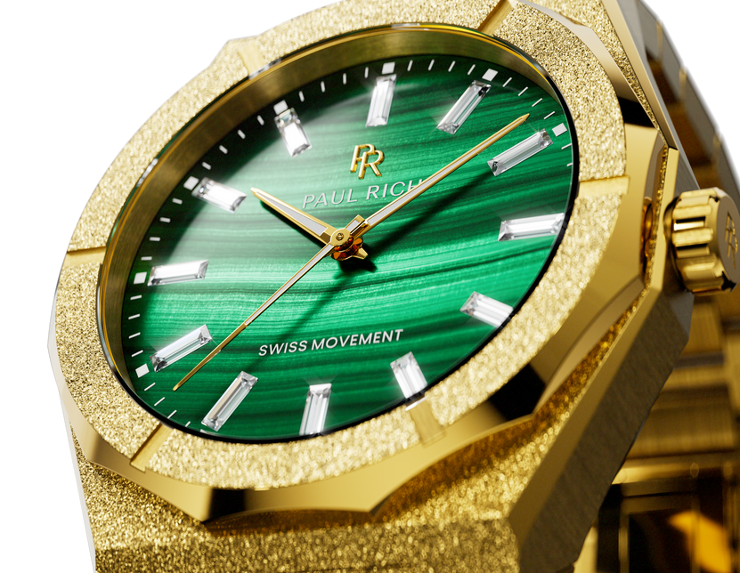 Close-up of a gold-tone Malachite Aurora watch showing its banded green dial and frosted case Close-up of a gold-tone Malachite Aurora watch showing its banded green dial and frosted case
