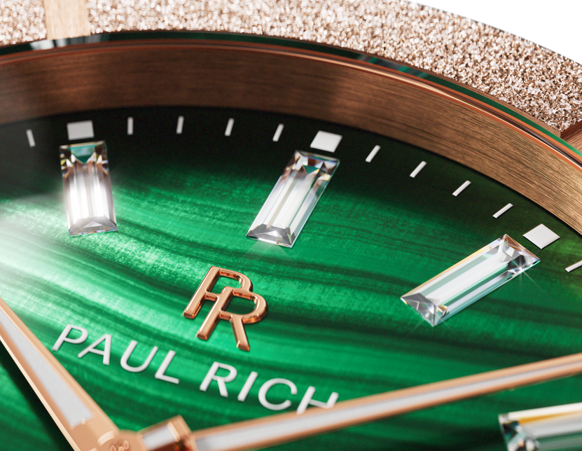 Macro of a banded green Malachite Aurora dial with baguette markers and rose-gold-tone frosted bezel Macro of a banded green Malachite Aurora dial with baguette markers and rose-gold-tone frosted bezel
