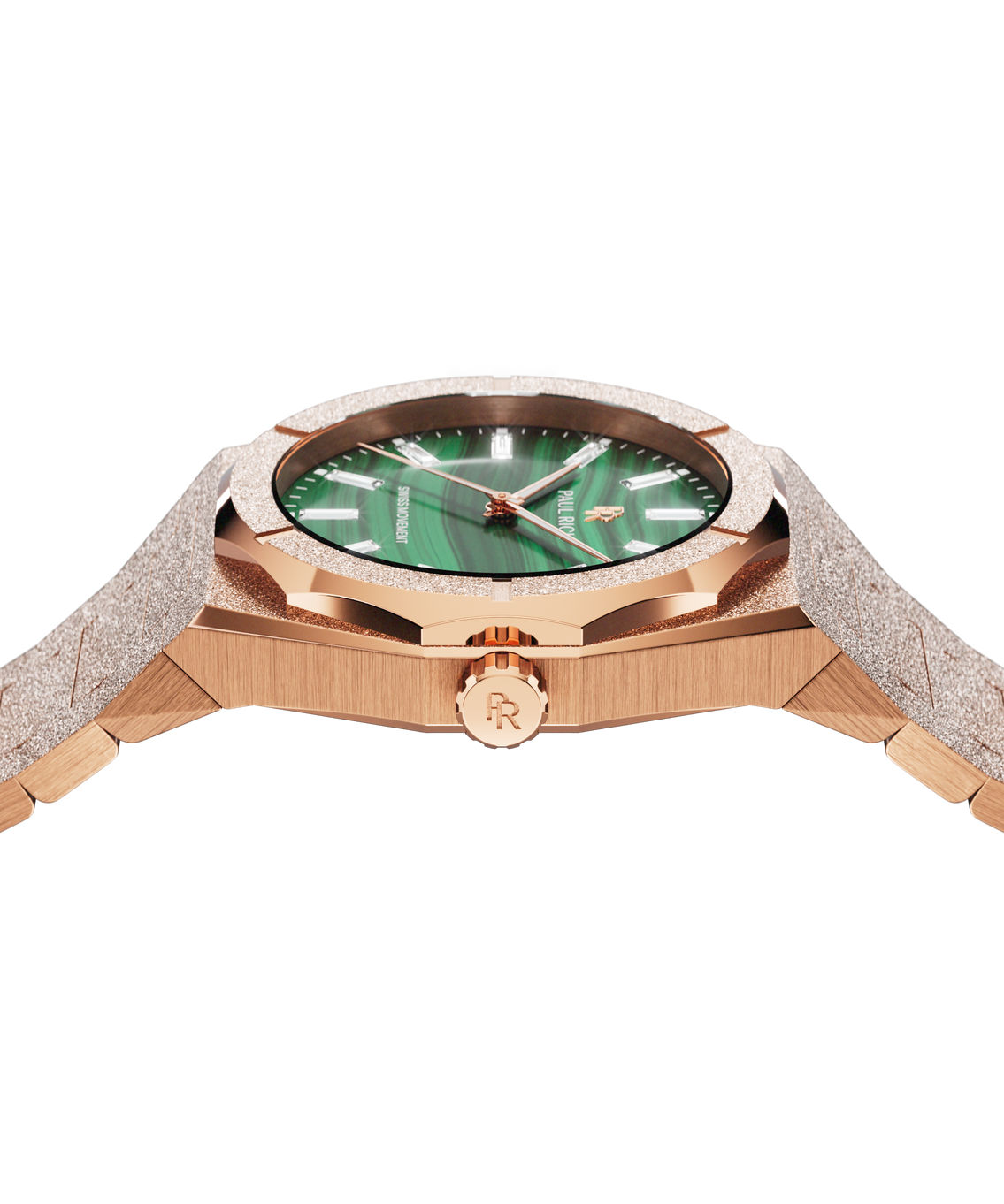 Side profile of a rose-gold-tone Malachite Aurora watch showing its case, crown and green dial Side profile of a rose-gold-tone Malachite Aurora watch showing its case, crown and green dial