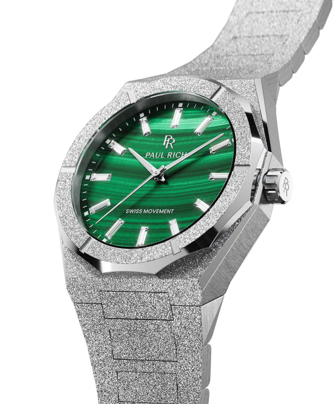 Angled view of a silver Malachite Aurora watch with a green malachite dial and frosted case Angled view of a silver Malachite Aurora watch with a green malachite dial and frosted case
