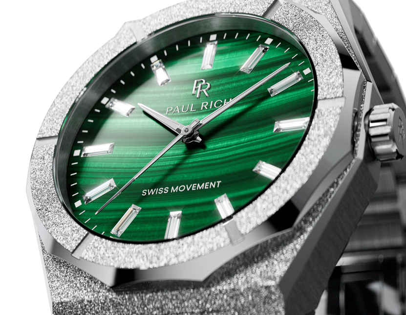Close-up of a silver Malachite Aurora watch showing its banded green dial and frosted case Close-up of a silver Malachite Aurora watch showing its banded green dial and frosted case