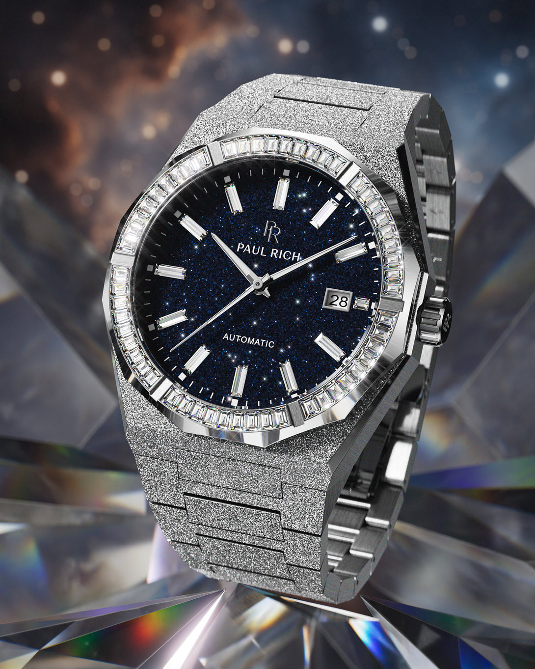 Silver automatic watch with a frosted case and bracelet, blue aventurine dial, and baguette-cut moissanite bezel set against a cosmic crystal background. Silver automatic watch with a frosted case and bracelet, blue aventurine dial, and baguette-cut moissanite bezel set against a cosmic crystal background.