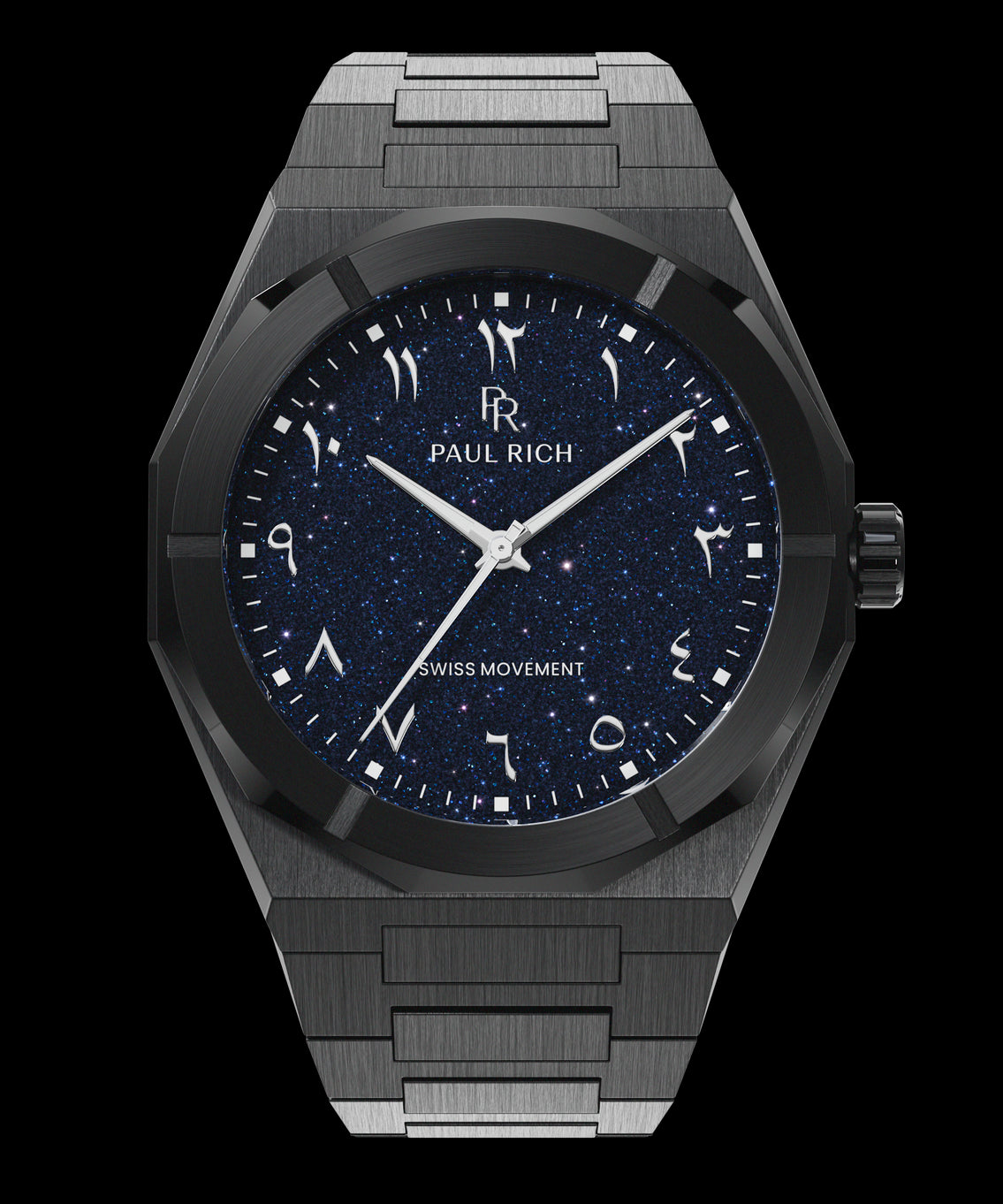 Paul Rich watch with brushed black case and bracelet, featuring a deep blue aventurine dial with Arabic numerals and silver hands. Paul Rich watch with brushed black case and bracelet, featuring a deep blue aventurine dial with Arabic numerals and silver hands.