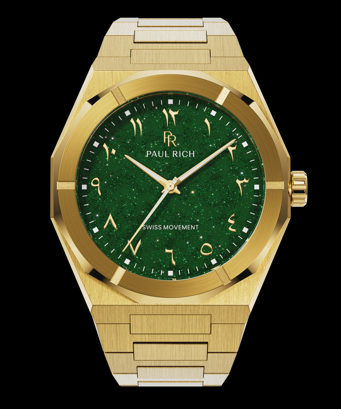 Paul Rich watch with brushed gold case and bracelet, featuring a sparkling green dial with Arabic numerals and gold hands. Paul Rich watch with brushed gold case and bracelet, featuring a sparkling green dial with Arabic numerals and gold hands.