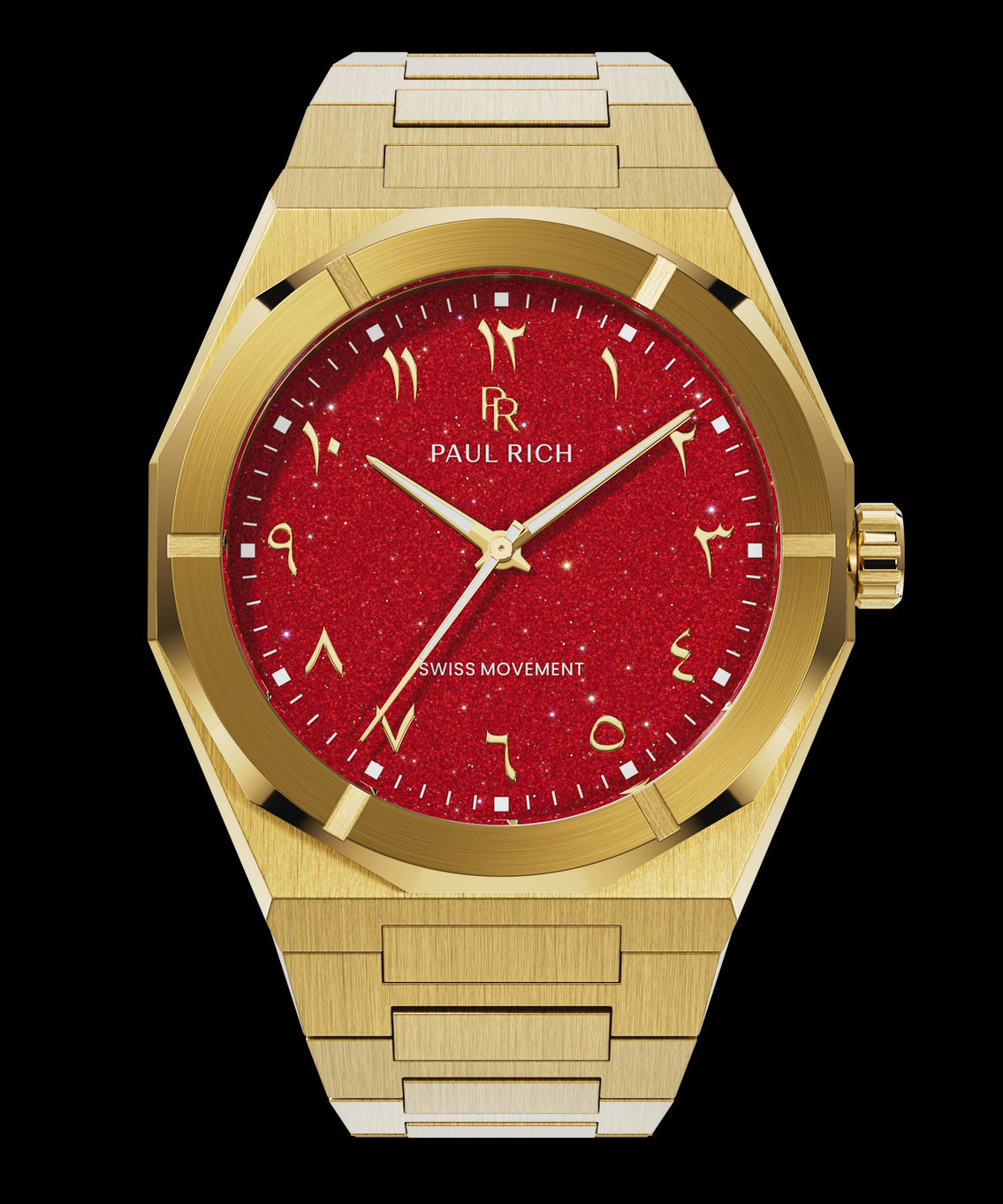Paul Rich watch with brushed gold case and bracelet, featuring a red aventurine dial with Arabic numerals and gold hands. Paul Rich watch with brushed gold case and bracelet, featuring a red aventurine dial with Arabic numerals and gold hands.