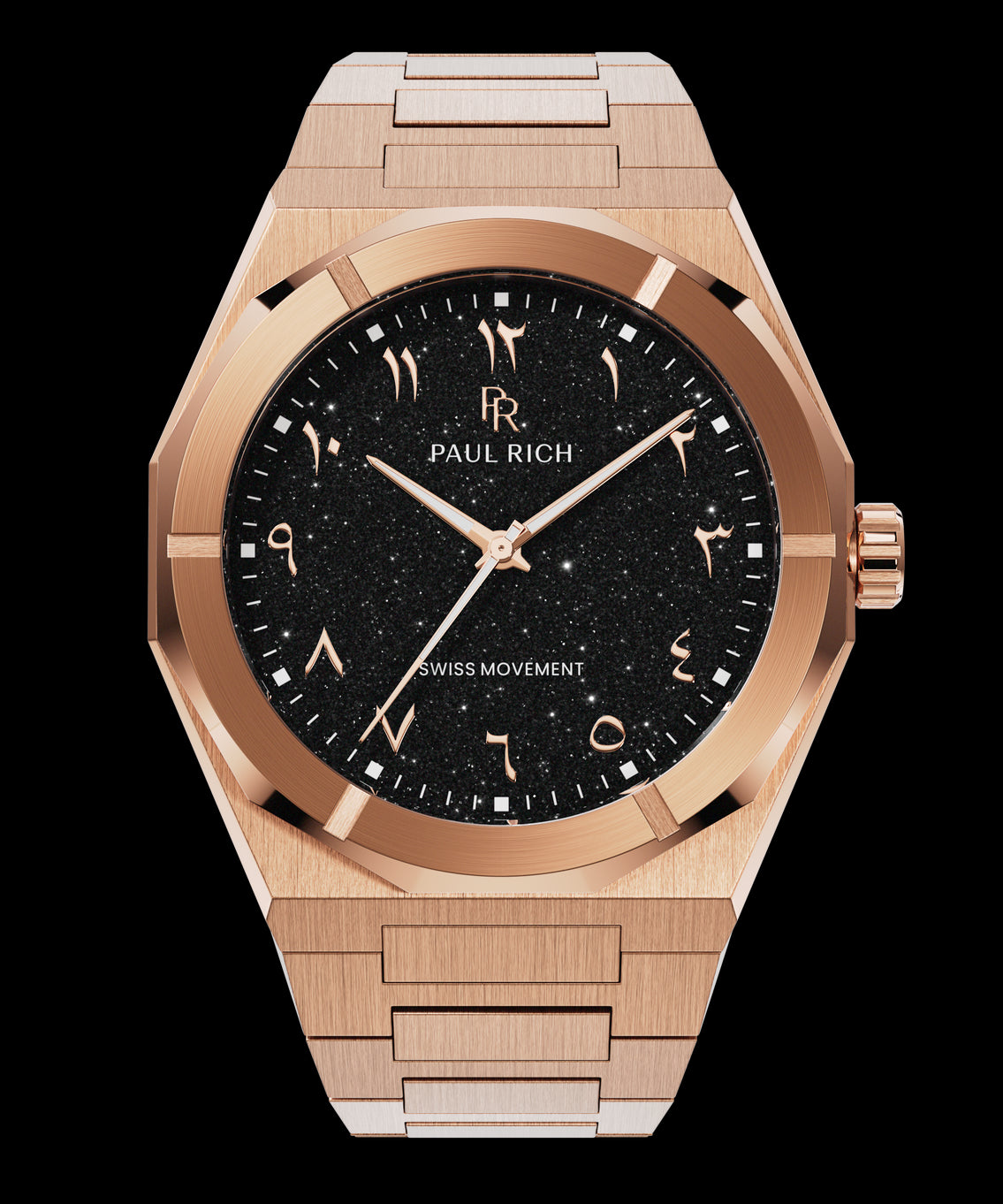 Rose gold watch with brushed finish, black aventurine dial, and Arabic numerals, displayed on transparent background. Rose gold watch with brushed finish, black aventurine dial, and Arabic numerals, displayed on transparent background.