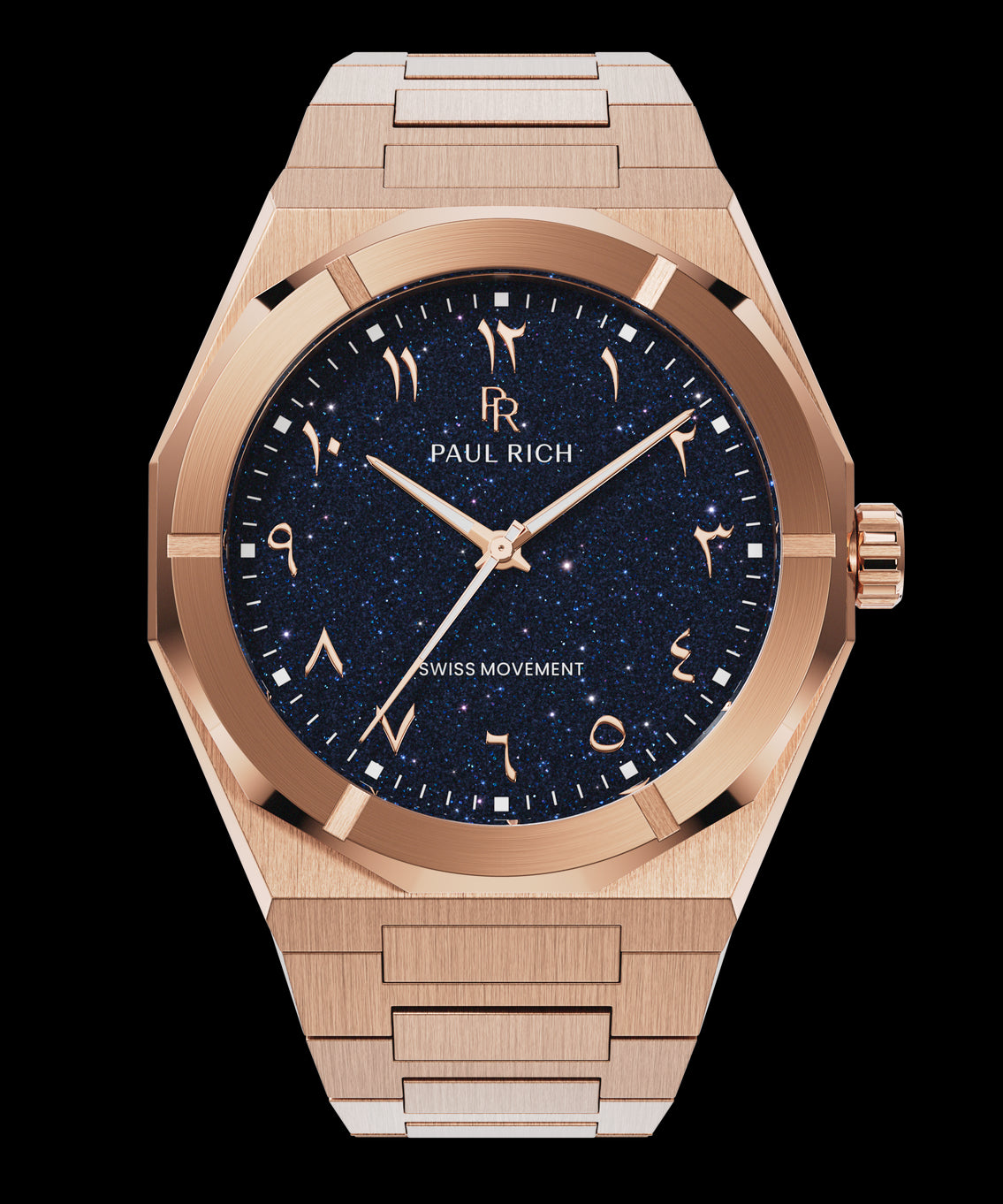 Paul Rich watch with brushed rose gold case and bracelet, featuring a blue aventurine dial with Arabic numerals and matching rose gold hands. Paul Rich watch with brushed rose gold case and bracelet, featuring a blue aventurine dial with Arabic numerals and matching rose gold hands.