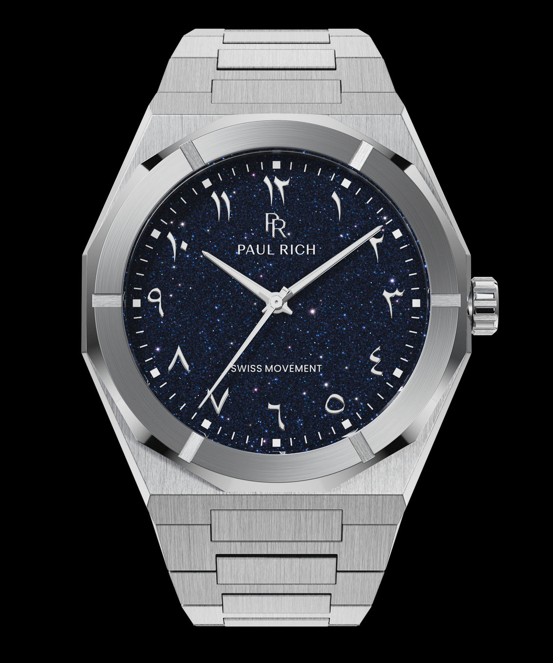 Paul Rich watch with brushed silver case and bracelet, featuring a blue aventurine dial with Arabic numerals and silver hands. Paul Rich watch with brushed silver case and bracelet, featuring a blue aventurine dial with Arabic numerals and silver hands.