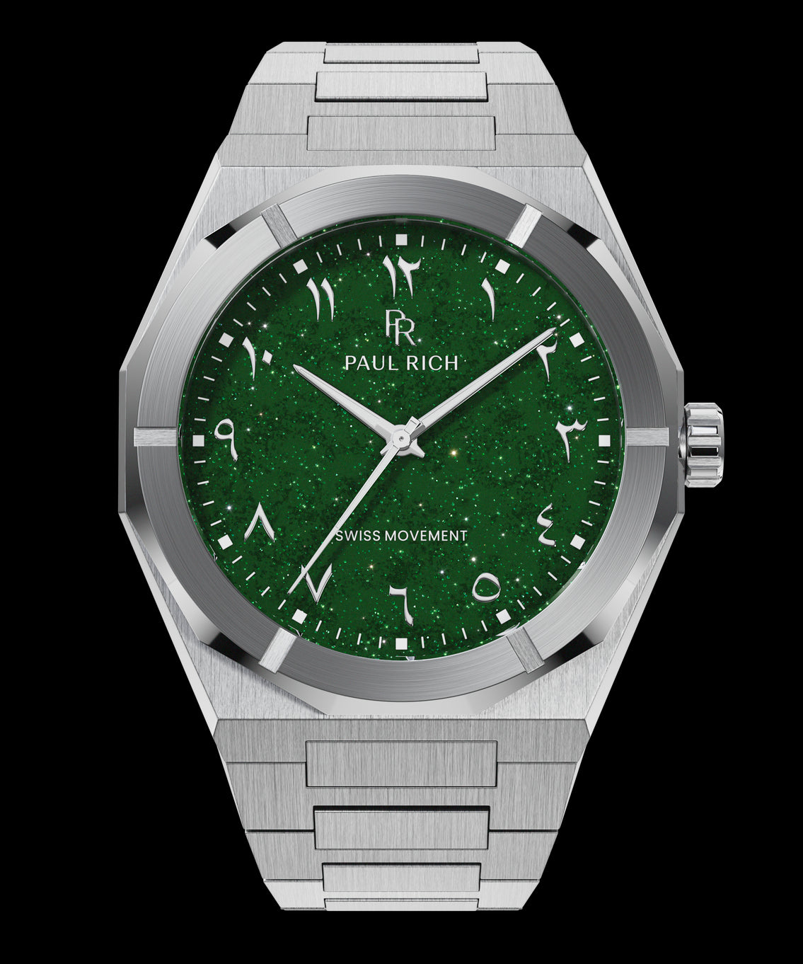 Paul Rich watch with brushed silver case and bracelet, featuring a sparkling green dial and Arabic numerals. Paul Rich watch with brushed silver case and bracelet, featuring a sparkling green dial and Arabic numerals.
