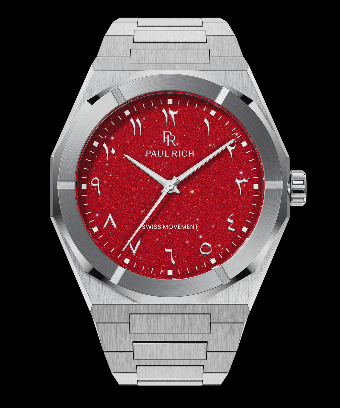 Paul Rich watch with brushed silver case and bracelet, featuring a red sparkling dial with Arabic numerals and silver hands. Paul Rich watch with brushed silver case and bracelet, featuring a red sparkling dial with Arabic numerals and silver hands.