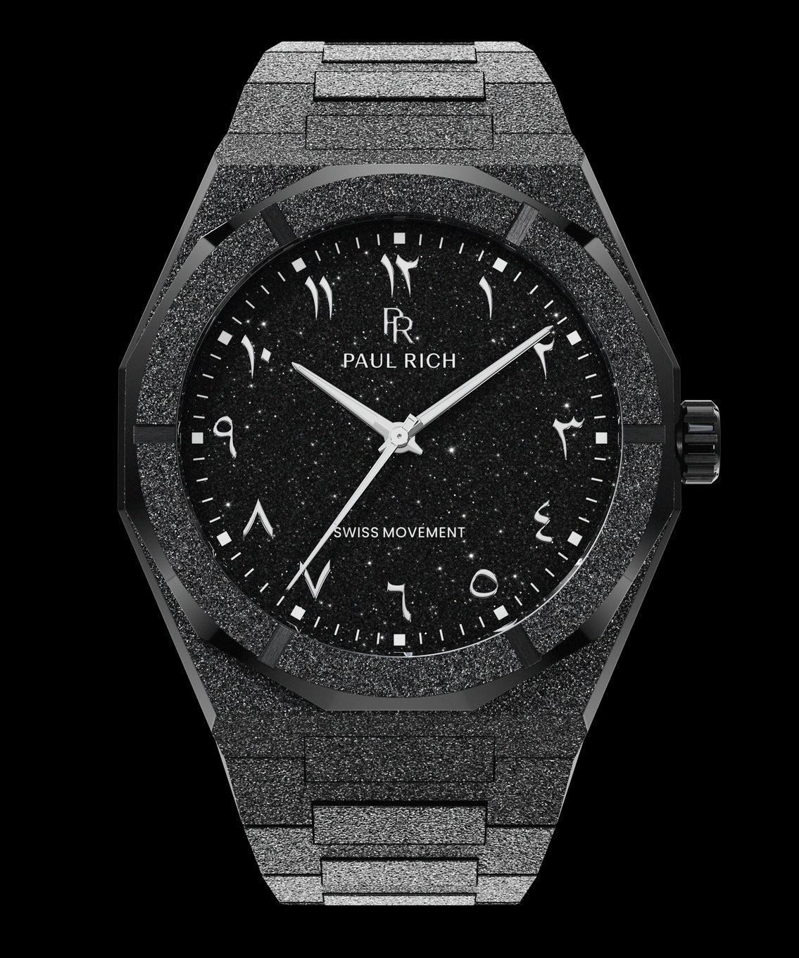 Paul Rich black frosted watch with black aventurine dial, silver Eastern Arabic numerals, and Swiss movement. Paul Rich black frosted watch with black aventurine dial, silver Eastern Arabic numerals, and Swiss movement.