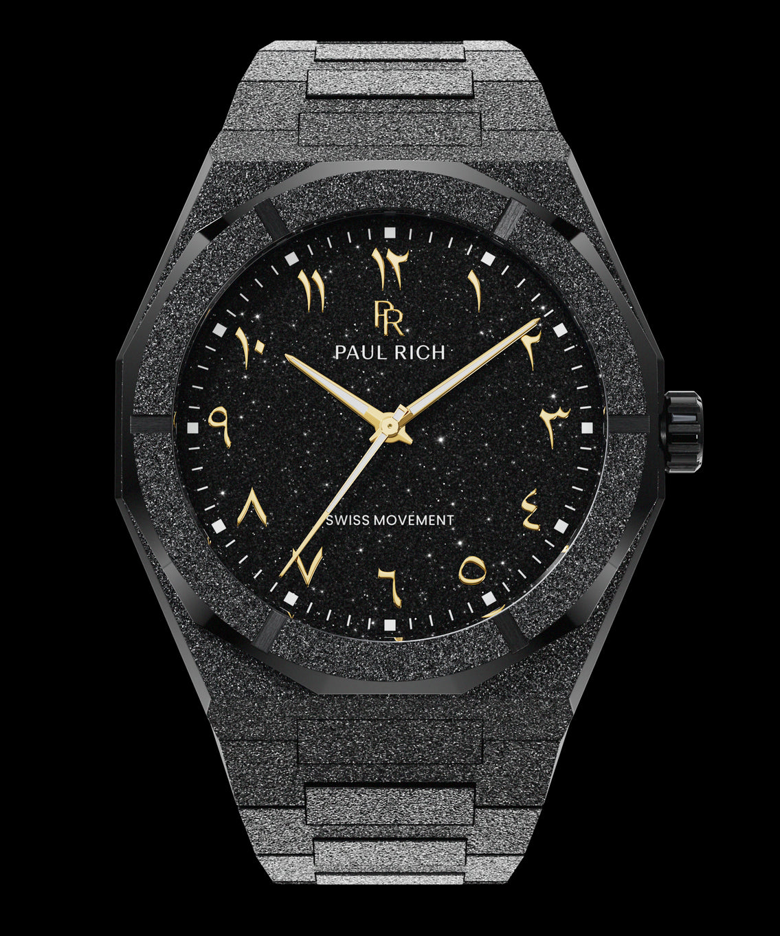 Paul Rich black frosted watch with black aventurine dial and gold Eastern Arabic numerals. Paul Rich black frosted watch with black aventurine dial and gold Eastern Arabic numerals.