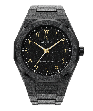 Frosted Star Dust II Gilded Shadow Paul Rich black frosted watch with black aventurine dial and gold Eastern Arabic numerals.