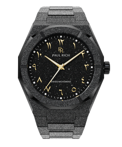 Frosted Star Dust II Gilded Shadow Paul Rich black frosted watch with black aventurine dial and gold Eastern Arabic numerals.