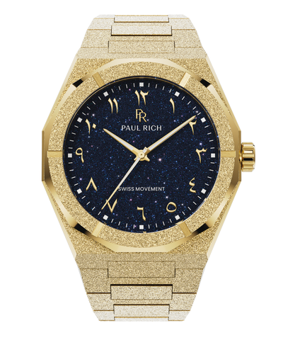 Frosted Star Dust II Desierto Dorado Frosted gold watch with a blue aventurine dial, Arabic numerals, and matching gold hands and bracelet.