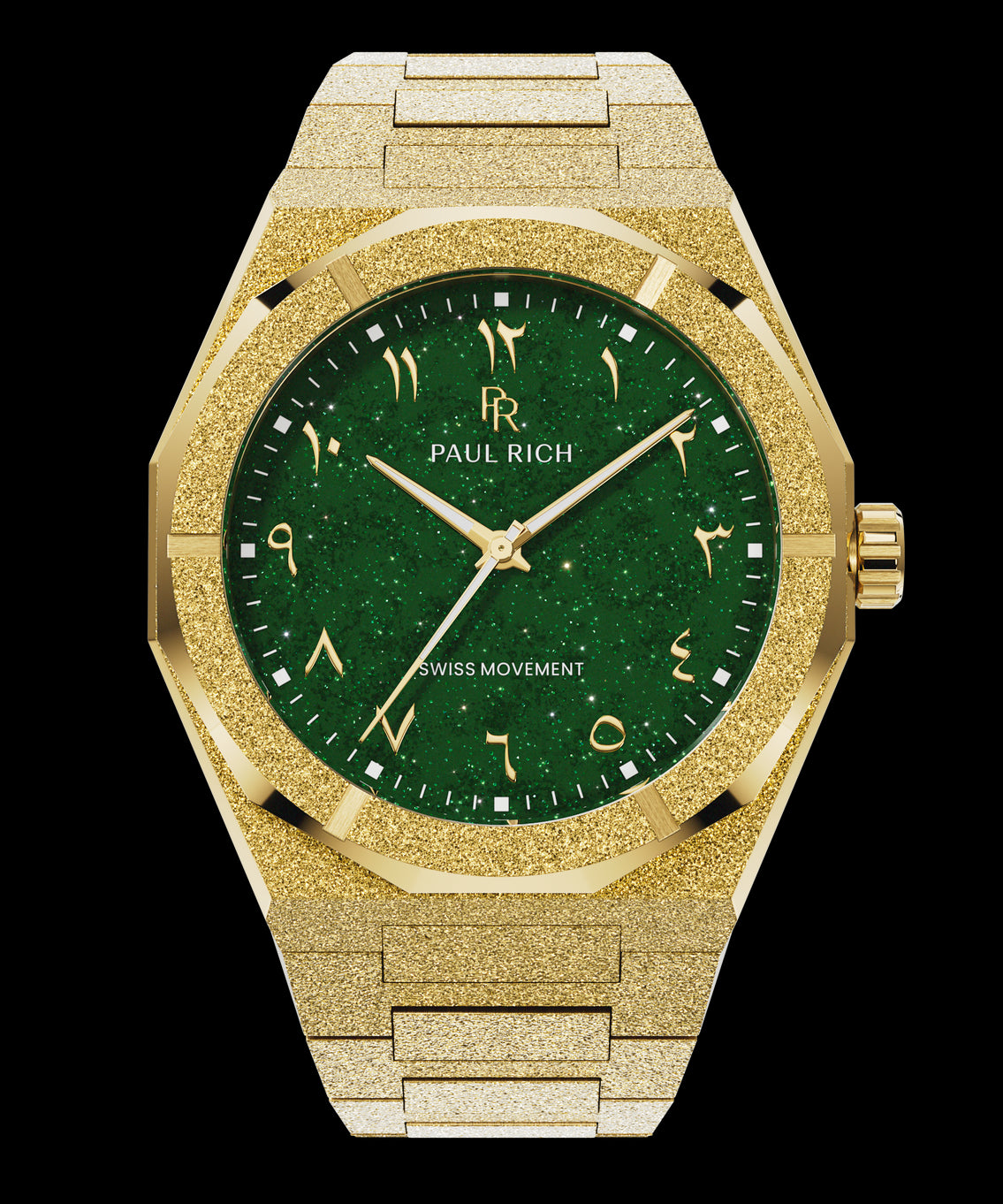 Paul Rich watch with frosted gold case and bracelet, featuring a green aventurine dial with Arabic numerals and gold hands. Paul Rich watch with frosted gold case and bracelet, featuring a green aventurine dial with Arabic numerals and gold hands.