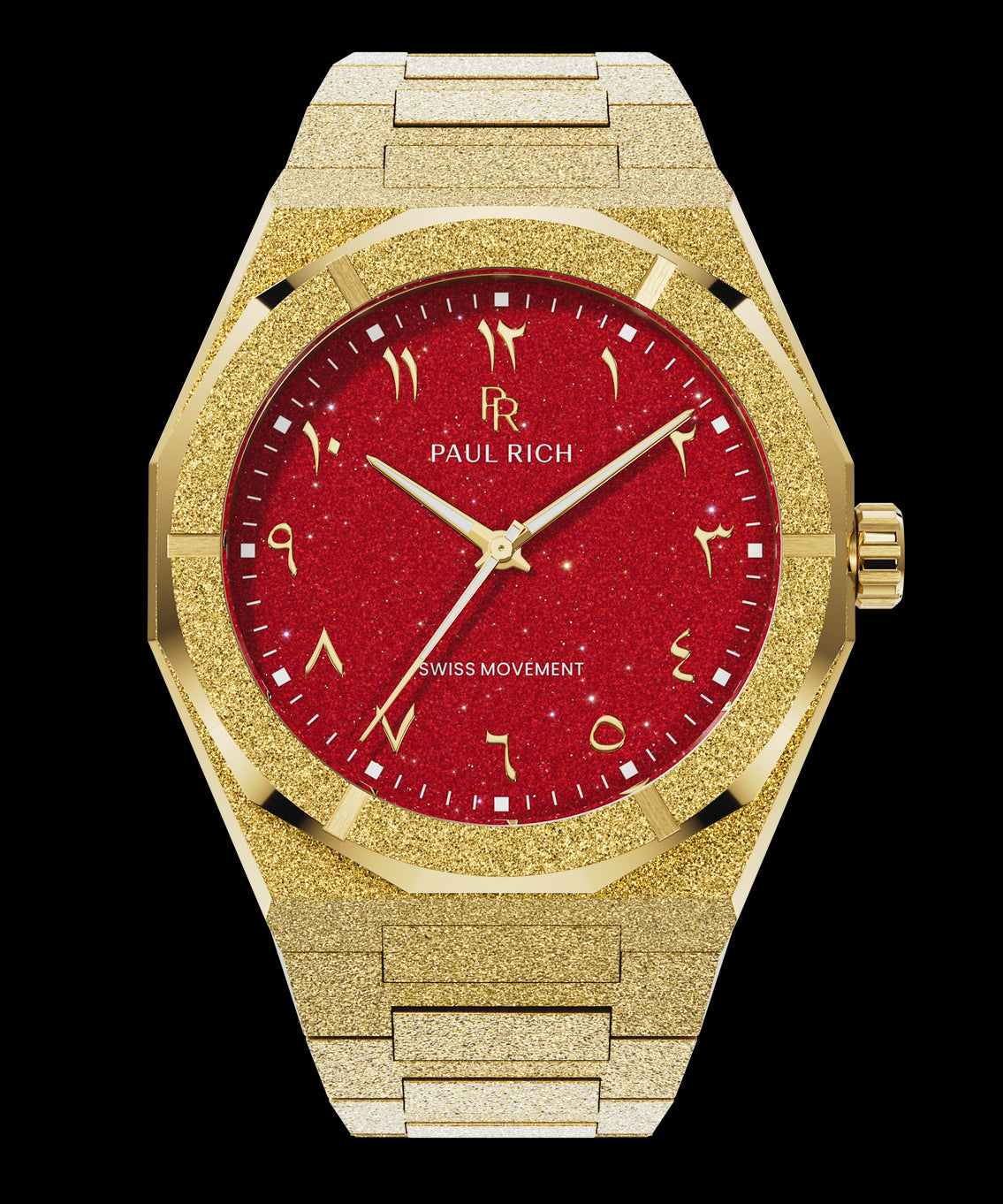 Paul Rich watch with frosted gold case and bracelet, featuring a red aventurine dial with Arabic numerals and gold hands. Paul Rich watch with frosted gold case and bracelet, featuring a red aventurine dial with Arabic numerals and gold hands.