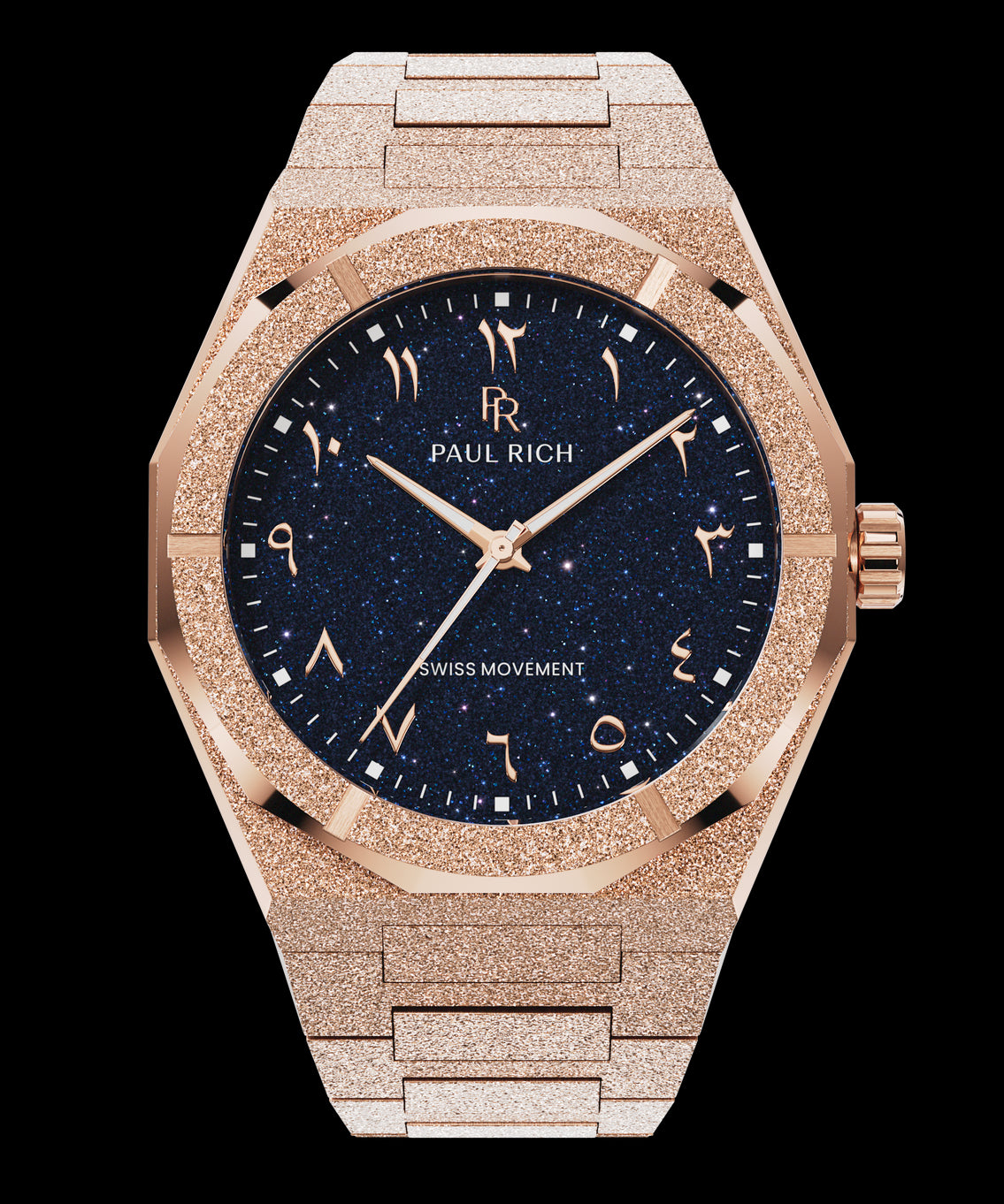 Frosted rose gold watch with a blue aventurine dial, Arabic numerals, and matching rose gold hands and bracelet. Frosted rose gold watch with a blue aventurine dial, Arabic numerals, and matching rose gold hands and bracelet.