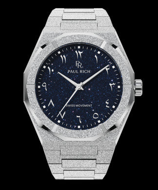 Frosted Star Dust II Silver Oasis Frosted silver watch with a matching frosted bracelet, blue aventurine dial, Arabic numerals, and silver hands.