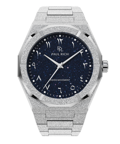 Frosted Star Dust II Silver Oasis Frosted silver watch with a matching frosted bracelet, blue aventurine dial, Arabic numerals, and silver hands.