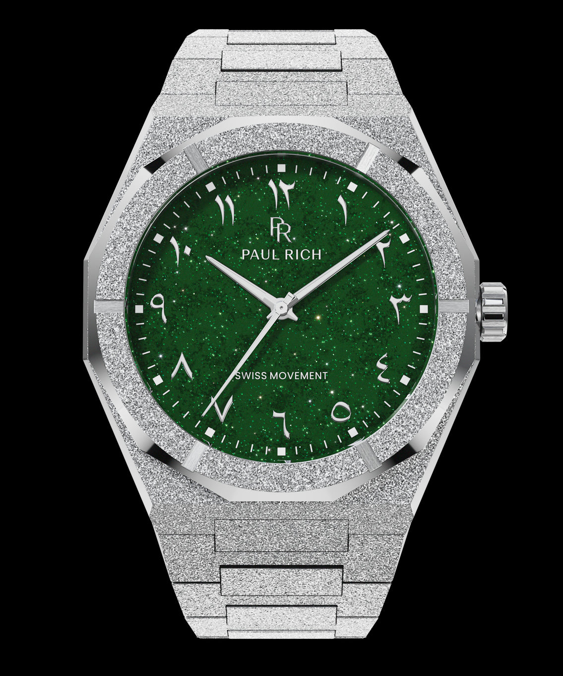 Paul Rich watch with frosted silver case and bracelet, featuring a green aventurine dial with Arabic numerals and silver hands. Paul Rich watch with frosted silver case and bracelet, featuring a green aventurine dial with Arabic numerals and silver hands.