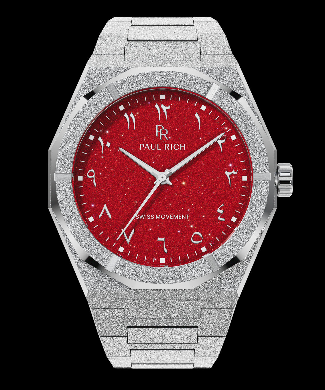 Paul Rich watch with frosted silver case and bracelet, featuring a red aventurine dial with Arabic numerals and silver hands. Paul Rich watch with frosted silver case and bracelet, featuring a red aventurine dial with Arabic numerals and silver hands.