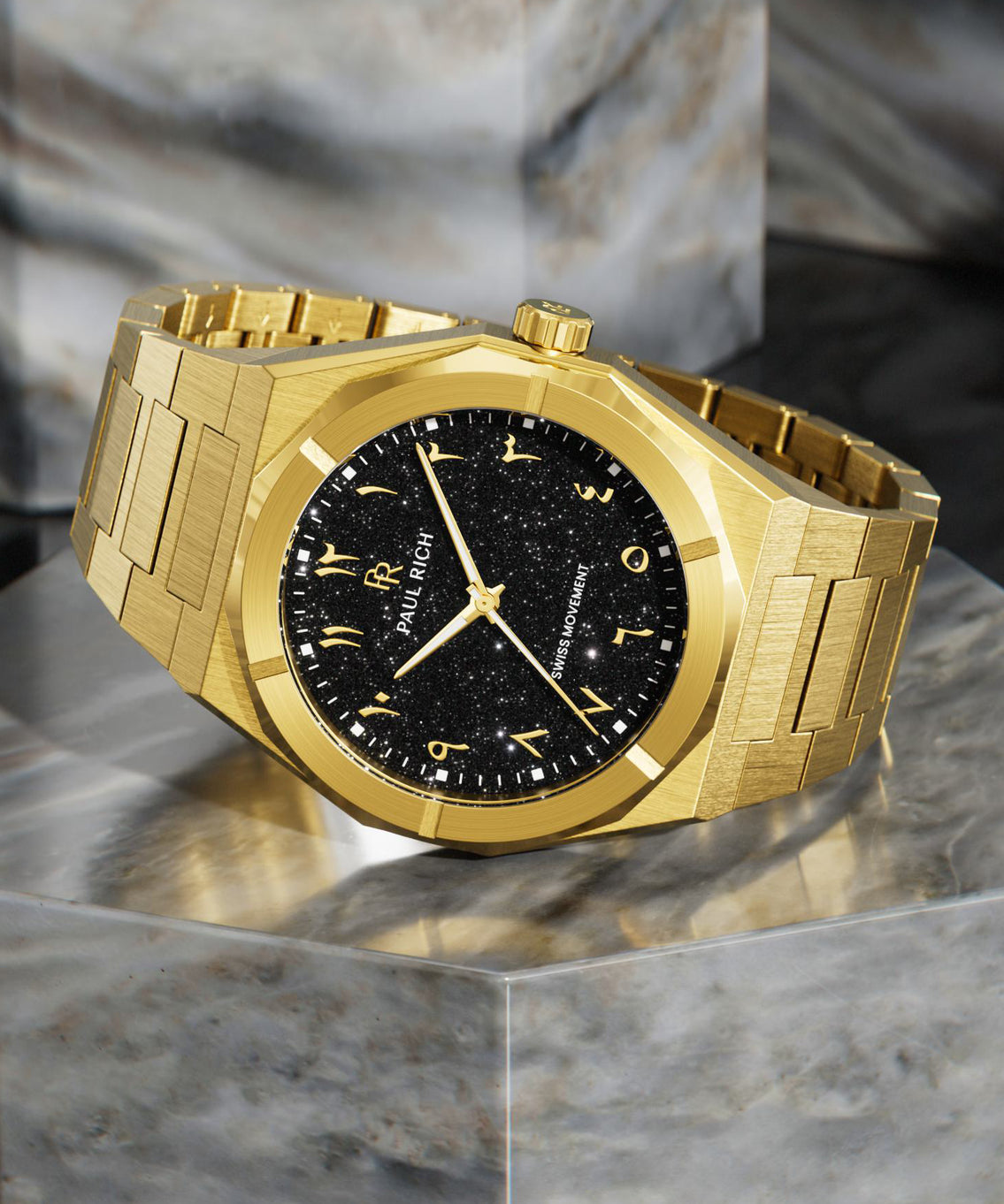 Paul Rich gold brushed watch with black aventurine dial, gold Eastern Arabic numerals, and Swiss movement on gold bracelet. Paul Rich gold brushed watch with black aventurine dial, gold Eastern Arabic numerals, and Swiss movement on gold bracelet.