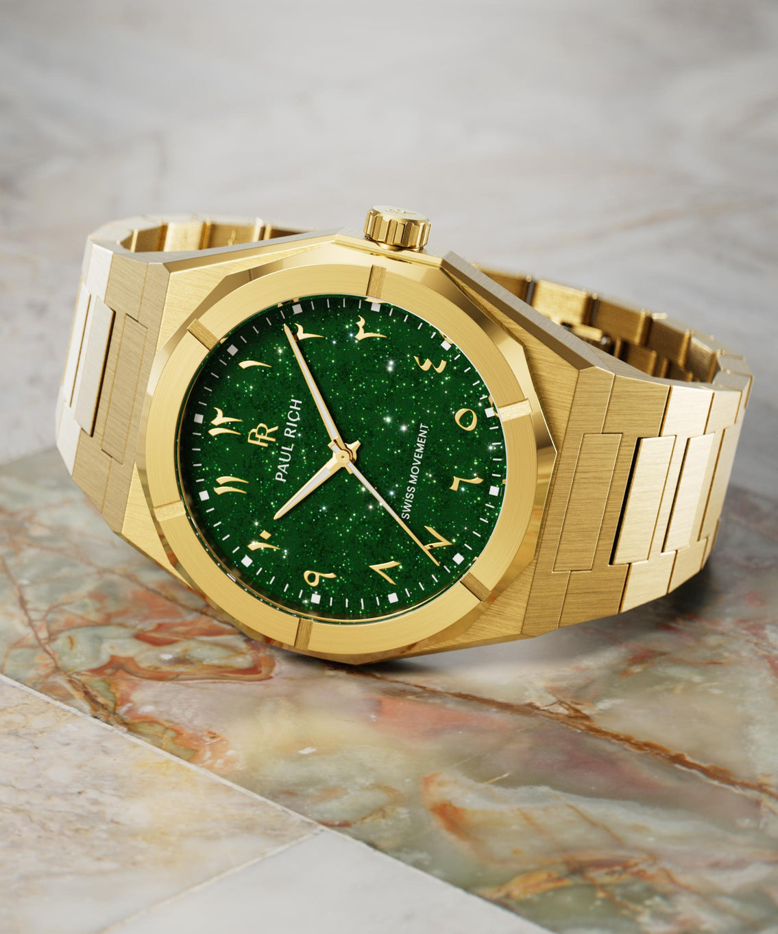 Paul Rich watch with brushed gold case and sparkling green dial with Arabic numerals, displayed on a polished marble surface. Paul Rich watch with brushed gold case and sparkling green dial with Arabic numerals, displayed on a polished marble surface.