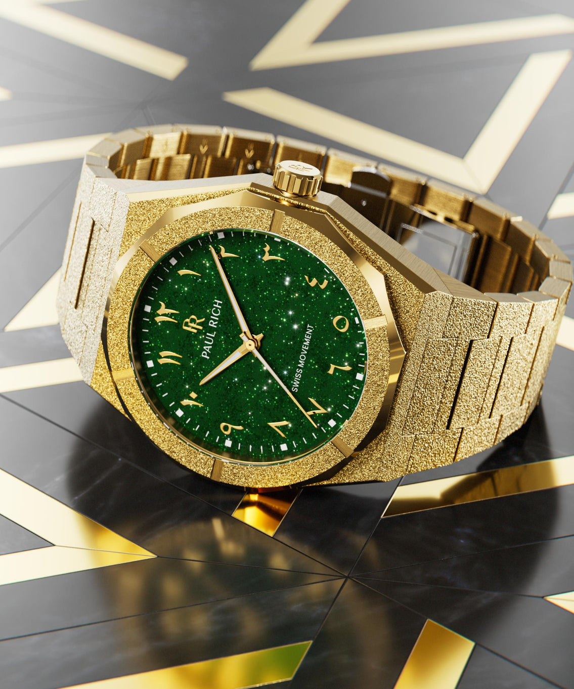 Paul Rich watch with frosted gold case and green aventurine dial with Arabic numerals, displayed on a black and gold geometric surface. Paul Rich watch with frosted gold case and green aventurine dial with Arabic numerals, displayed on a black and gold geometric surface.