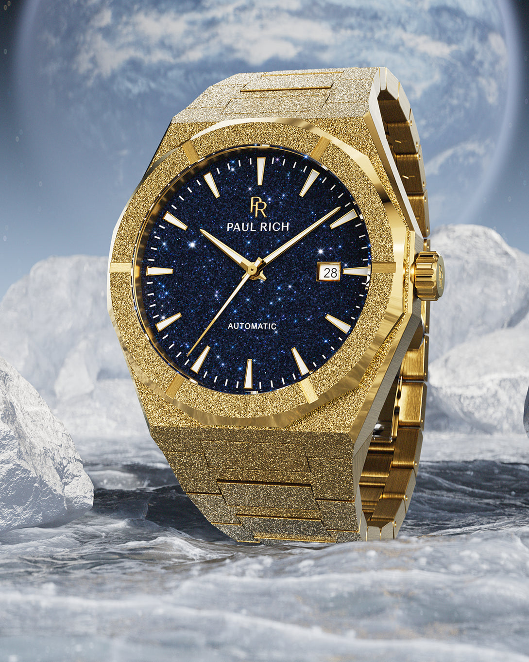 Gold frosted Paul Rich watch with blue aventurine dial and date window, displayed on icy surface with Earth in the space background. Gold frosted Paul Rich watch with blue aventurine dial and date window, displayed on icy surface with Earth in the space background.