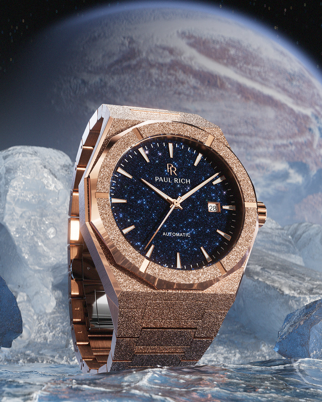 Rose gold Paul Rich watch with blue aventurine dial and date window, standing on ice with a planet and stars in the background. Rose gold Paul Rich watch with blue aventurine dial and date window, standing on ice with a planet and stars in the background.