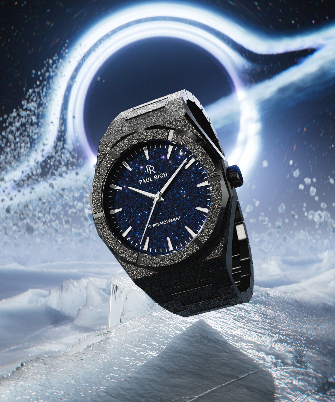 Black frosted Paul Rich watch with blue aventurine dial floating on icy terrain, with a glowing black hole and debris in the background. Black frosted Paul Rich watch with blue aventurine dial floating on icy terrain, with a glowing black hole and debris in the background.