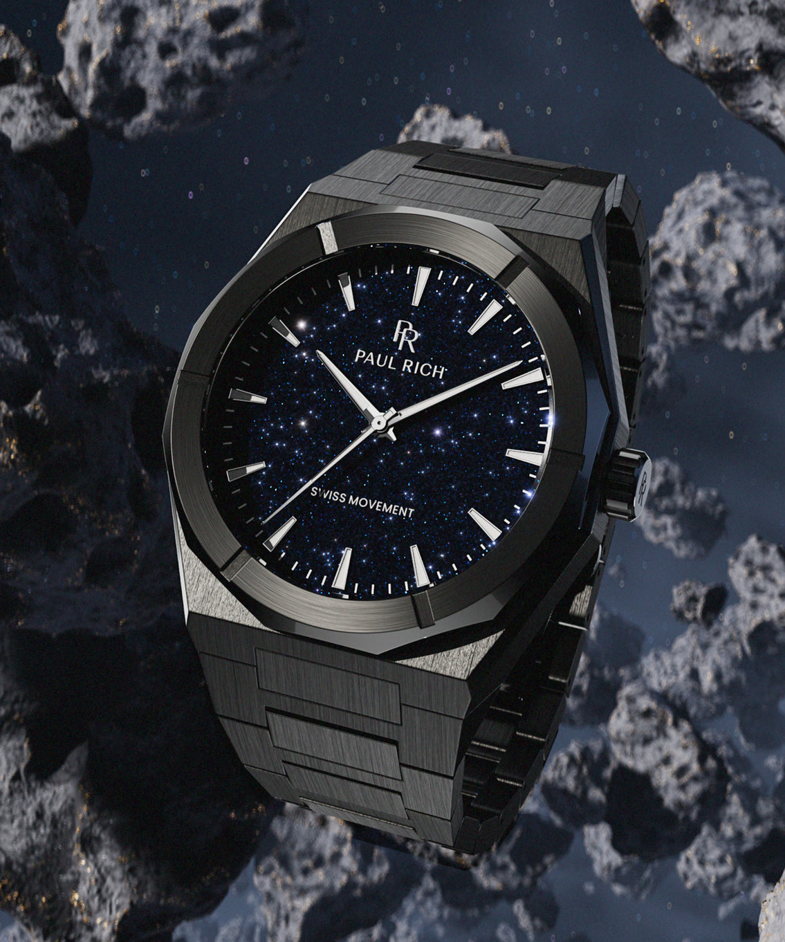 Black Paul Rich watch with blue aventurine dial displayed among floating asteroids in deep space, with starry sky in the background. Black Paul Rich watch with blue aventurine dial displayed among floating asteroids in deep space, with starry sky in the background.