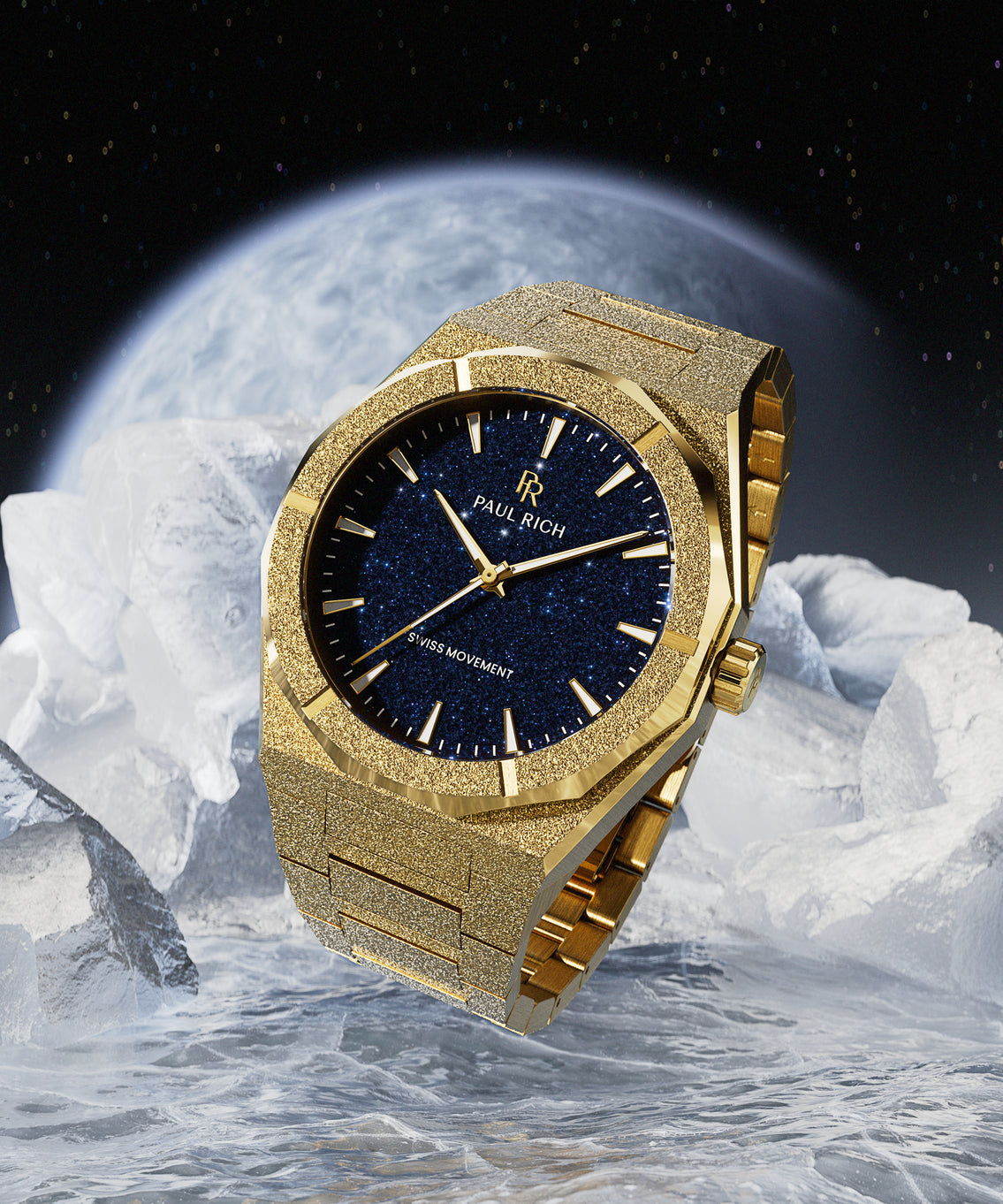 Gold frosted Paul Rich watch with blue aventurine dial resting on ice, with a glowing planet and starry sky in the background. Gold frosted Paul Rich watch with blue aventurine dial resting on ice, with a glowing planet and starry sky in the background.