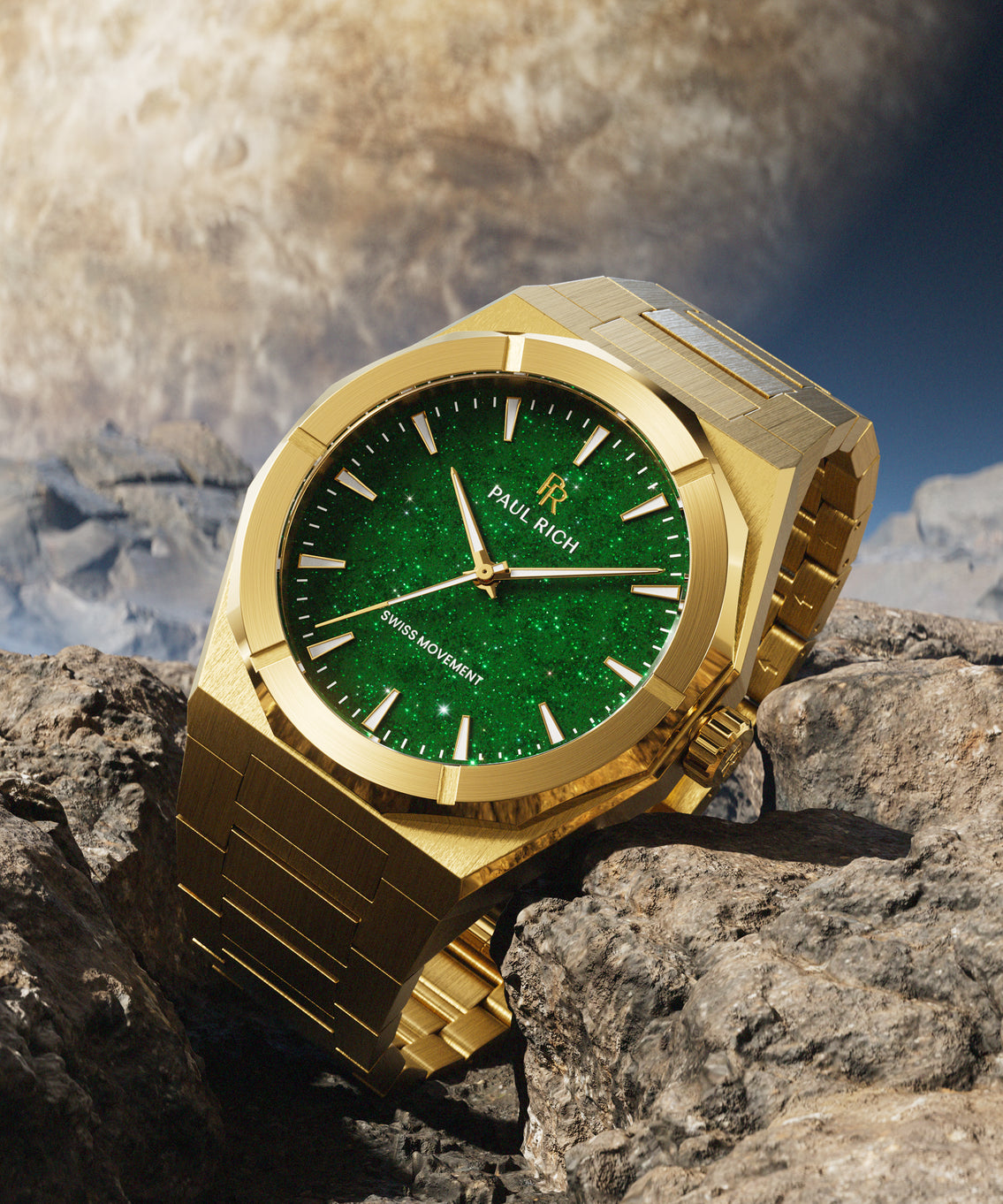 Gold Paul Rich watch with green aventurine dial resting on rocky terrain, with a large textured planet surface in the background. Gold Paul Rich watch with green aventurine dial resting on rocky terrain, with a large textured planet surface in the background.