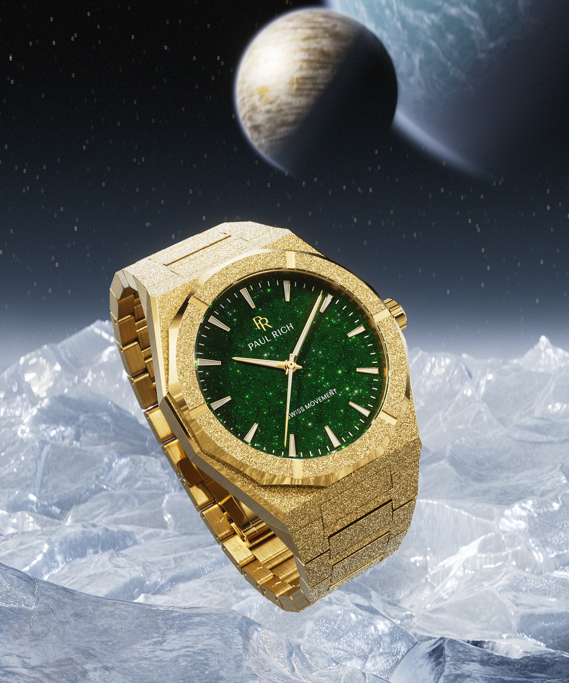 Gold frosted Paul Rich watch with green aventurine dial, floating above icy terrain with a distant planet and stars in the background. Gold frosted Paul Rich watch with green aventurine dial, floating above icy terrain with a distant planet and stars in the background.