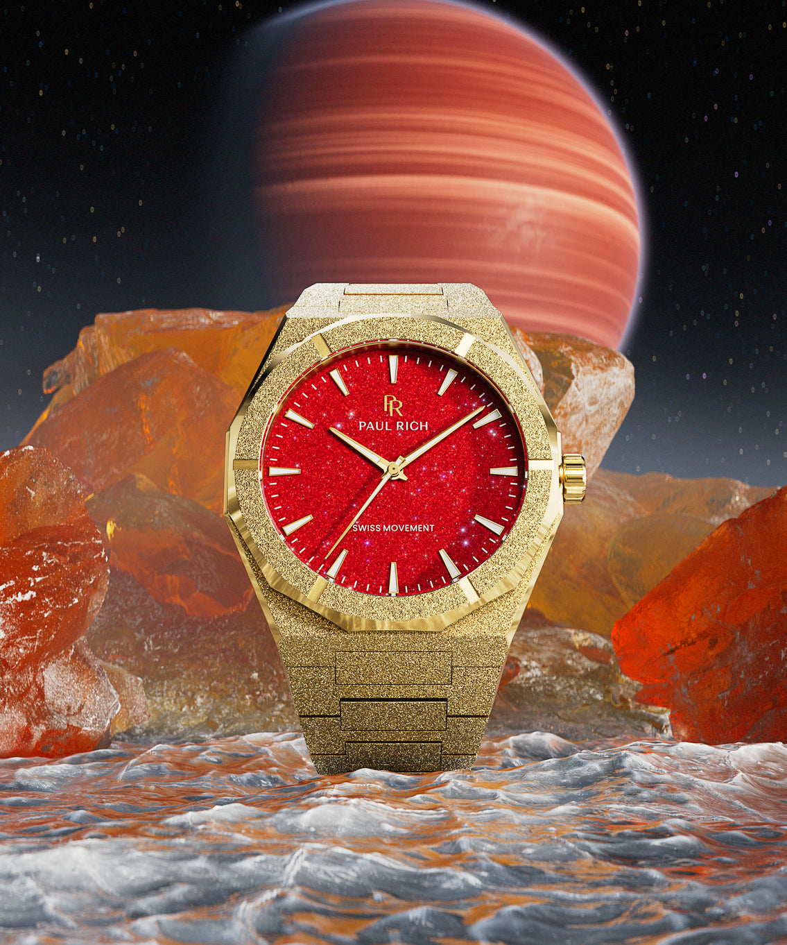 Gold frosted watch with red aventurine dial, standing on icy terrain with red rocks and a swirling gas planet in the starry sky. Gold frosted watch with red aventurine dial, standing on icy terrain with red rocks and a swirling gas planet in the starry sky.