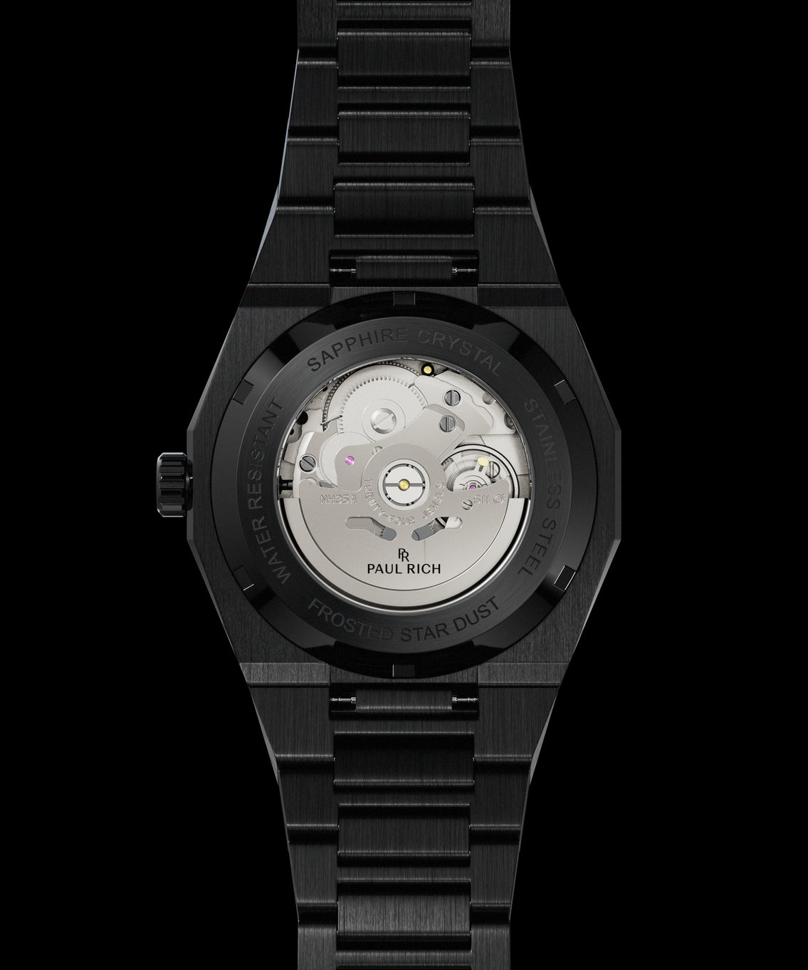 Back view of a black watch showing the automatic movement through a sapphire crystal case back engraved with “Frosted Star Dust.” Back view of a black watch showing the automatic movement through a sapphire crystal case back engraved with “Frosted Star Dust.”