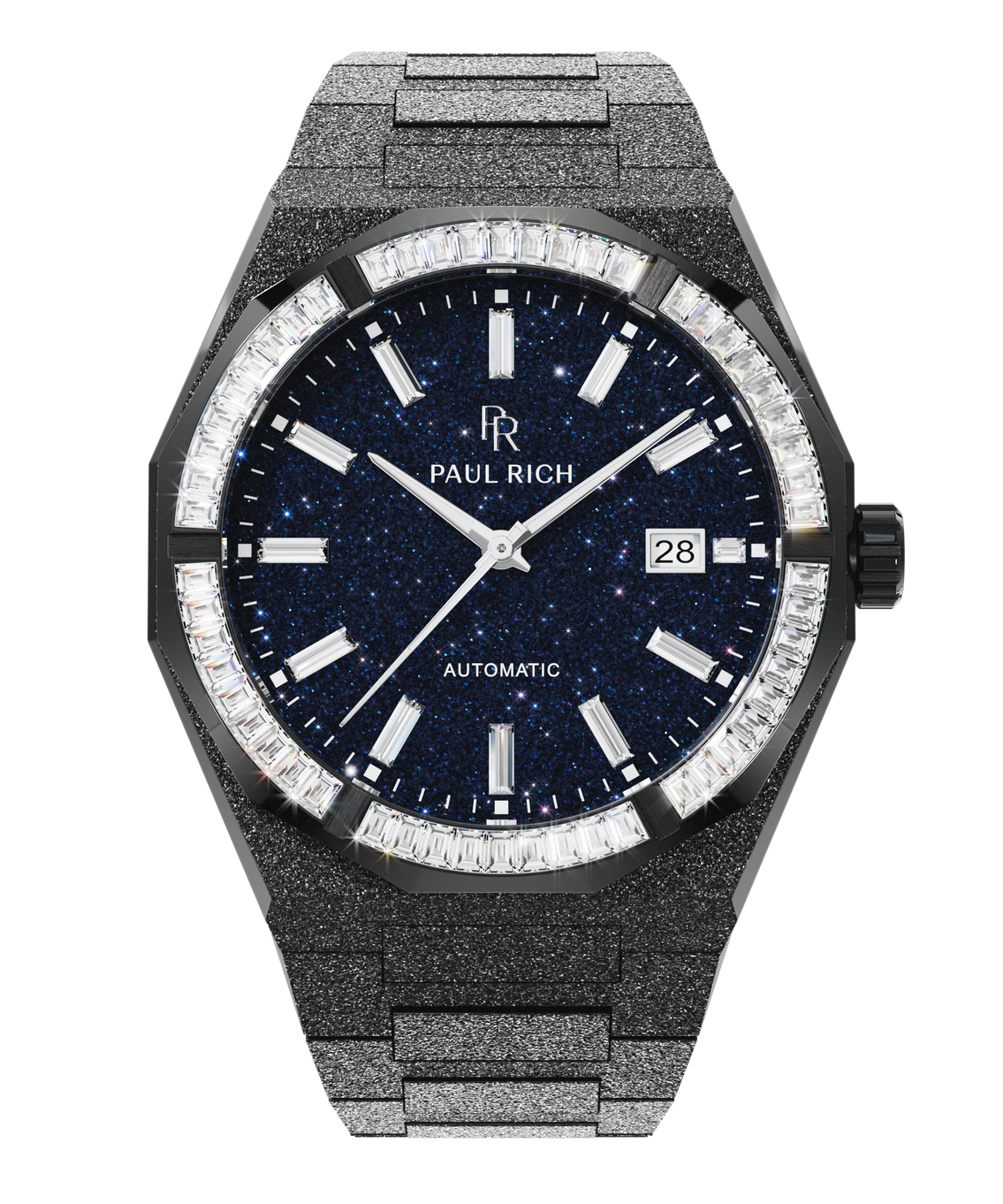 Black watch with frosted bracelet, blue aventurine dial, and baguette-cut moissanite bezel, showcasing refined sparkle and precision detail. Black watch with frosted bracelet, blue aventurine dial, and baguette-cut moissanite bezel, showcasing refined sparkle and precision detail.