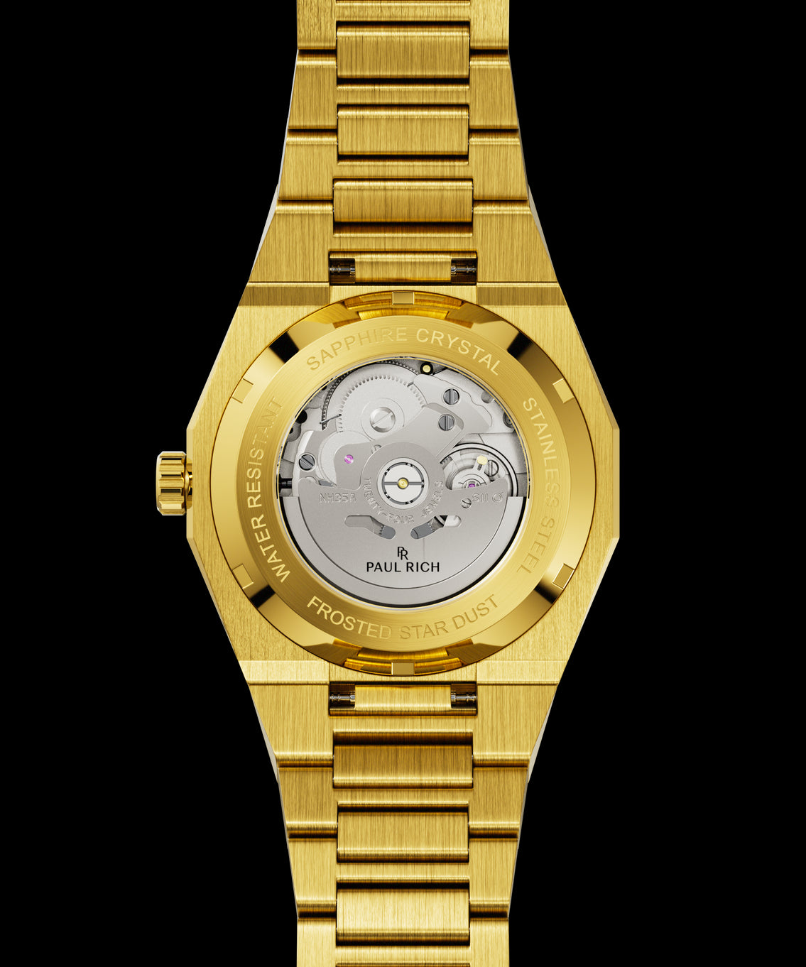 Gold frosted watch case back with transparent sapphire window revealing the automatic movement gears and engraved outer markings. Gold frosted watch case back with transparent sapphire window revealing the automatic movement gears and engraved outer markings.
