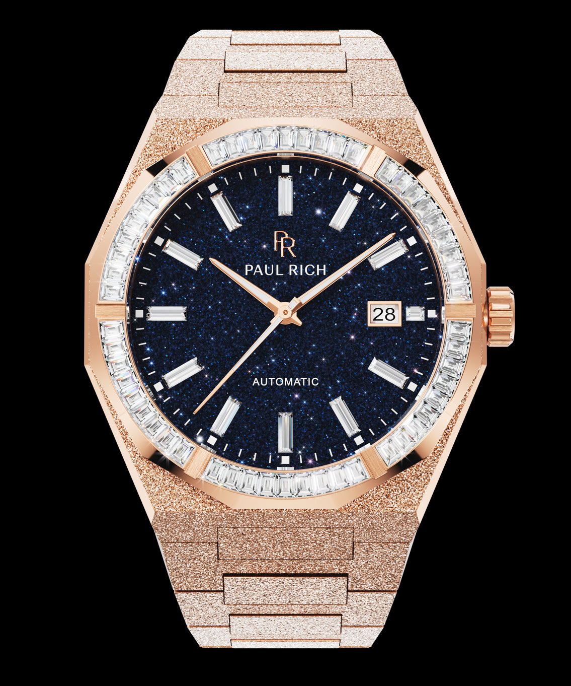 Rose gold frosted watch with blue aventurine dial, trapezoid-cut moissanite bezel, and date window at 3 oβclock on automatic model. Rose gold frosted watch with blue aventurine dial, trapezoid-cut moissanite bezel, and date window at 3 oβclock on automatic model.