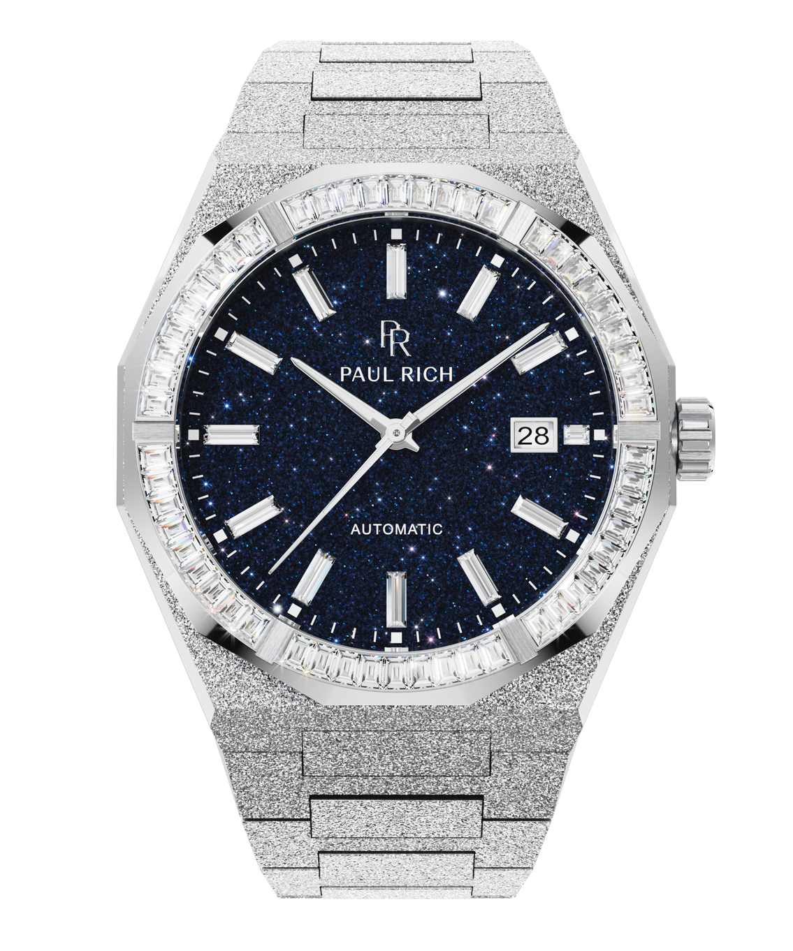 Silver frosted watch with blue aventurine dial, trapezoid-cut moissanite bezel, and date window at 3 o’clock on automatic model. Silver frosted watch with blue aventurine dial, trapezoid-cut moissanite bezel, and date window at 3 o’clock on automatic model.