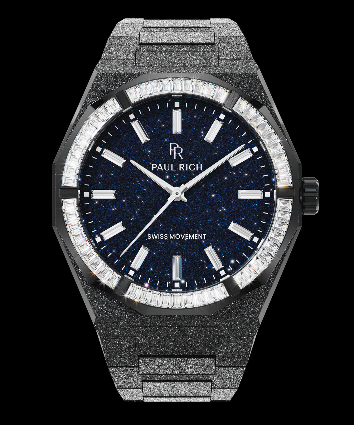 Black watch with frosted bracelet, blue aventurine dial, and baguette-cut moissanite bezel reflecting a diamond-like brilliance. Black watch with frosted bracelet, blue aventurine dial, and baguette-cut moissanite bezel reflecting a diamond-like brilliance.