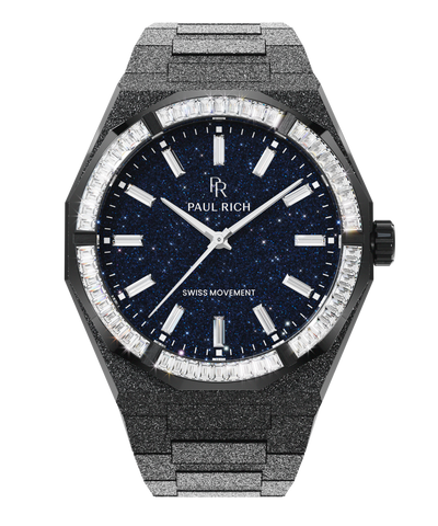 Moissanite Frosted Star Dust II Black Black watch with frosted bracelet, blue aventurine dial, and baguette-cut moissanite bezel reflecting a diamond-like brilliance.