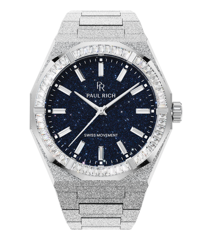 Moissanite Frosted Star Dust II Silver Silver frosted watch with blue aventurine dial and trapezoid-cut moissanite bezel, reflecting crisp white light across its polished surface.