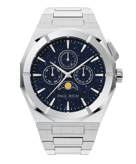 Moonphase Star Dust II Silver Paul Rich silver watch with aventurine dial, moonphase display, and three subdials on a brushed silver bracelet.