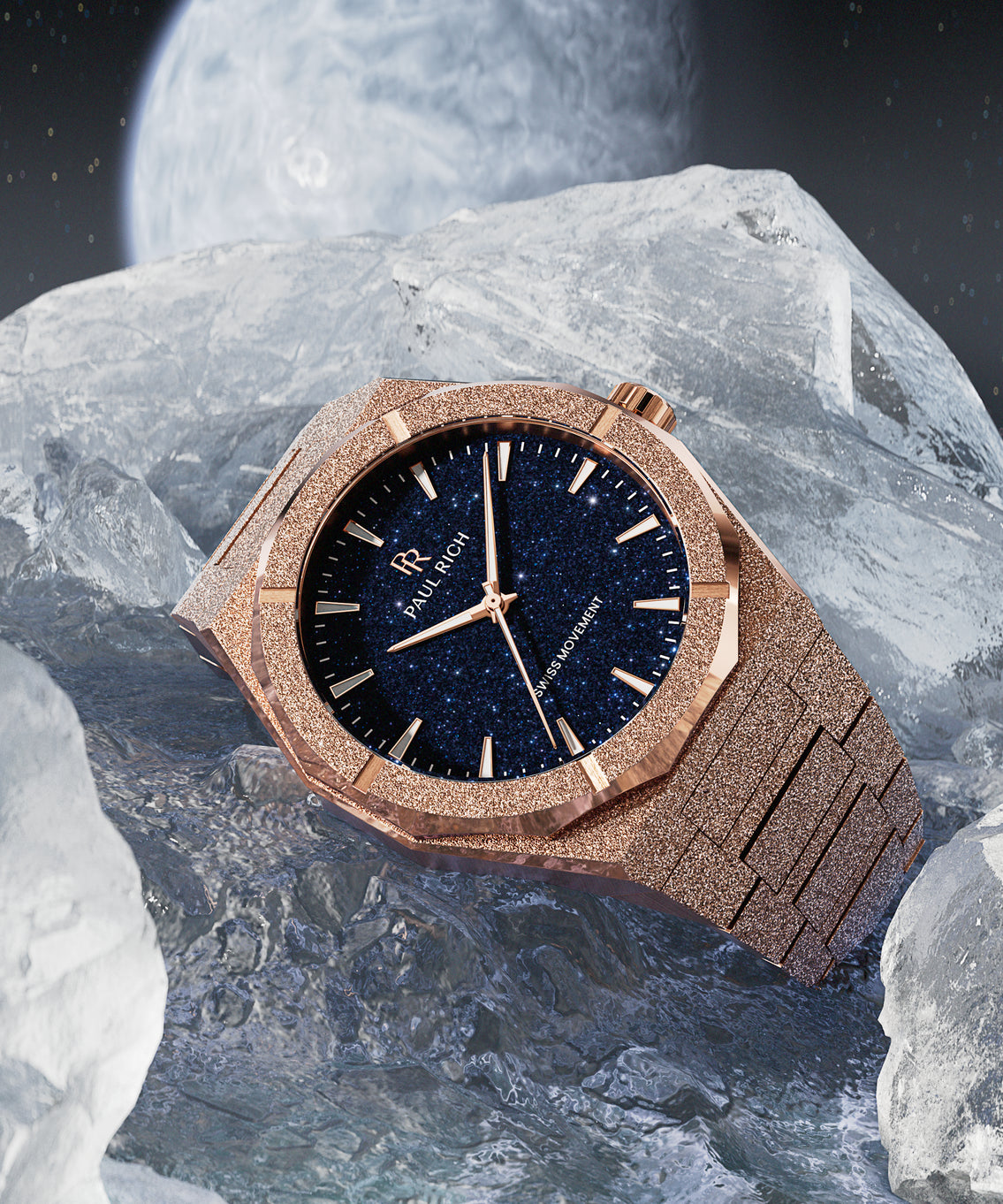 Rose gold Paul Rich watch with blue aventurine dial resting on ice, outer space and a glowing planet in the background. Rose gold Paul Rich watch with blue aventurine dial resting on ice, outer space and a glowing planet in the background.