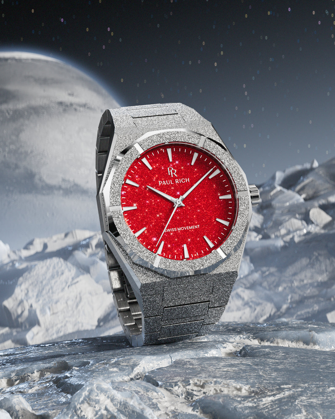 Paul Rich watch with frosted silver case and red aventurine dial, displayed on an icy terrain with a moonlit space backdrop. Paul Rich watch with frosted silver case and red aventurine dial, displayed on an icy terrain with a moonlit space backdrop.